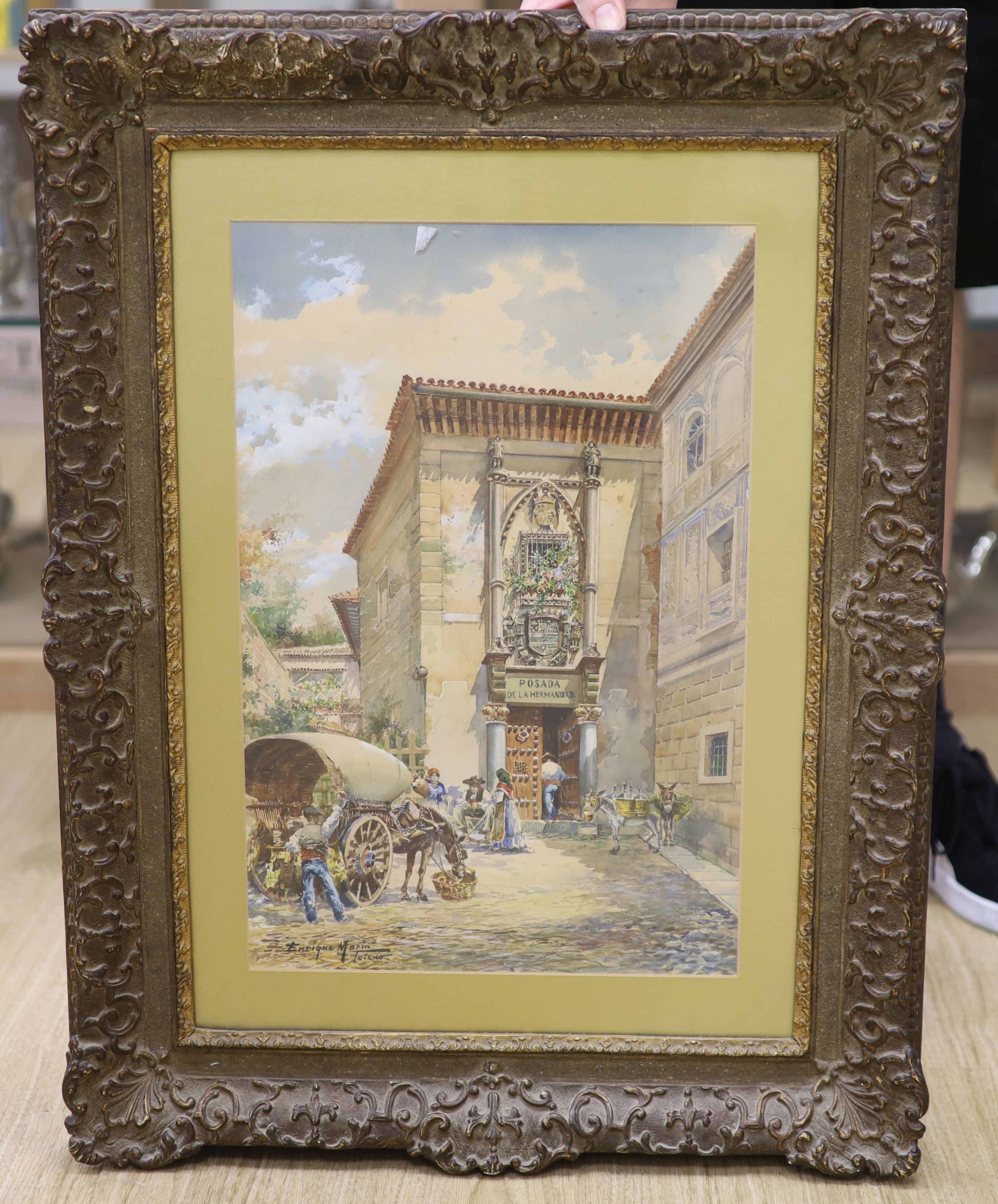 Enrique Marin (1876-1940), watercolour, Posada de la Hermandad, Toledo, Spain, signed, 46 x 30cm